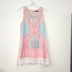 XTRAORDINARY Orange Teal White Aztec Dress with Crochet Lace Trim Hem